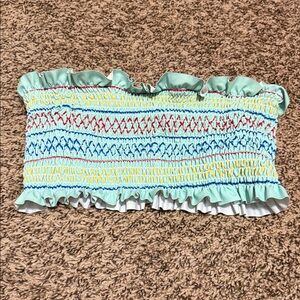 Smocked Ruffle Bandeau Top in Mint with Multicolor Stitching